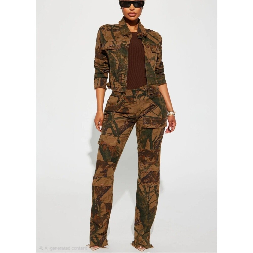Fashion Nova Green & Black The Wild Camo Stretch Cargo Jeans Size 14